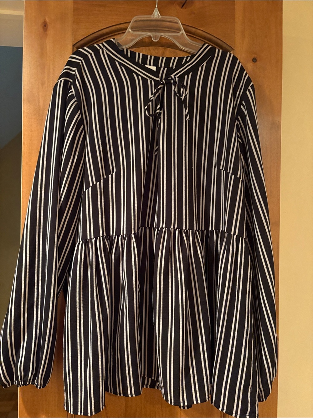 Black & White Striped Peplum Tie-Neck Blouse